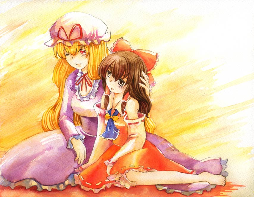 barefoot, blonde_hair, detached_sleeves, hakurei_reimu, hat, multiple_girls, red_eyes, shiroaisa