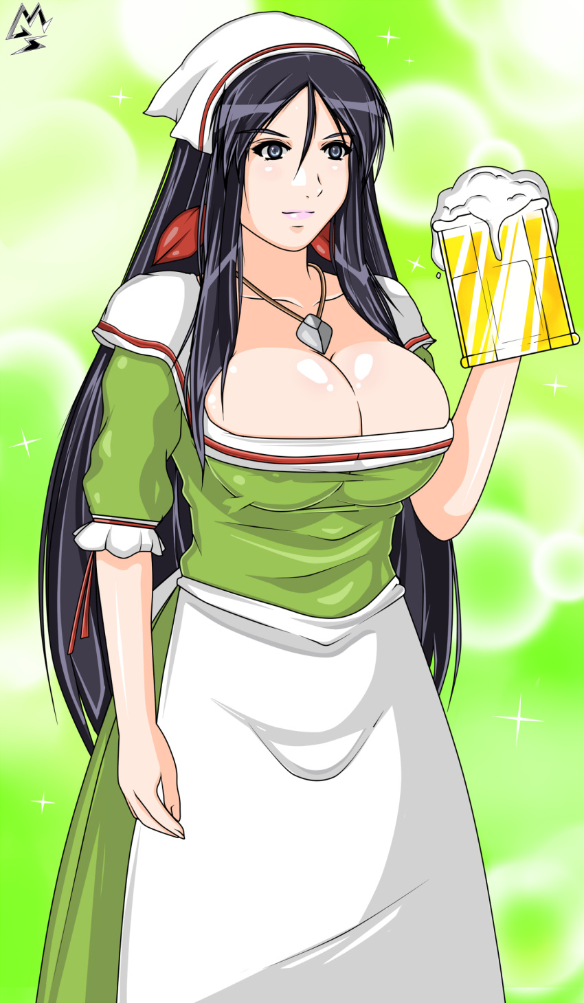1girl, apron, beer_mug, black_hair, blue_eyes, breasts, cellshadfan, cleavage