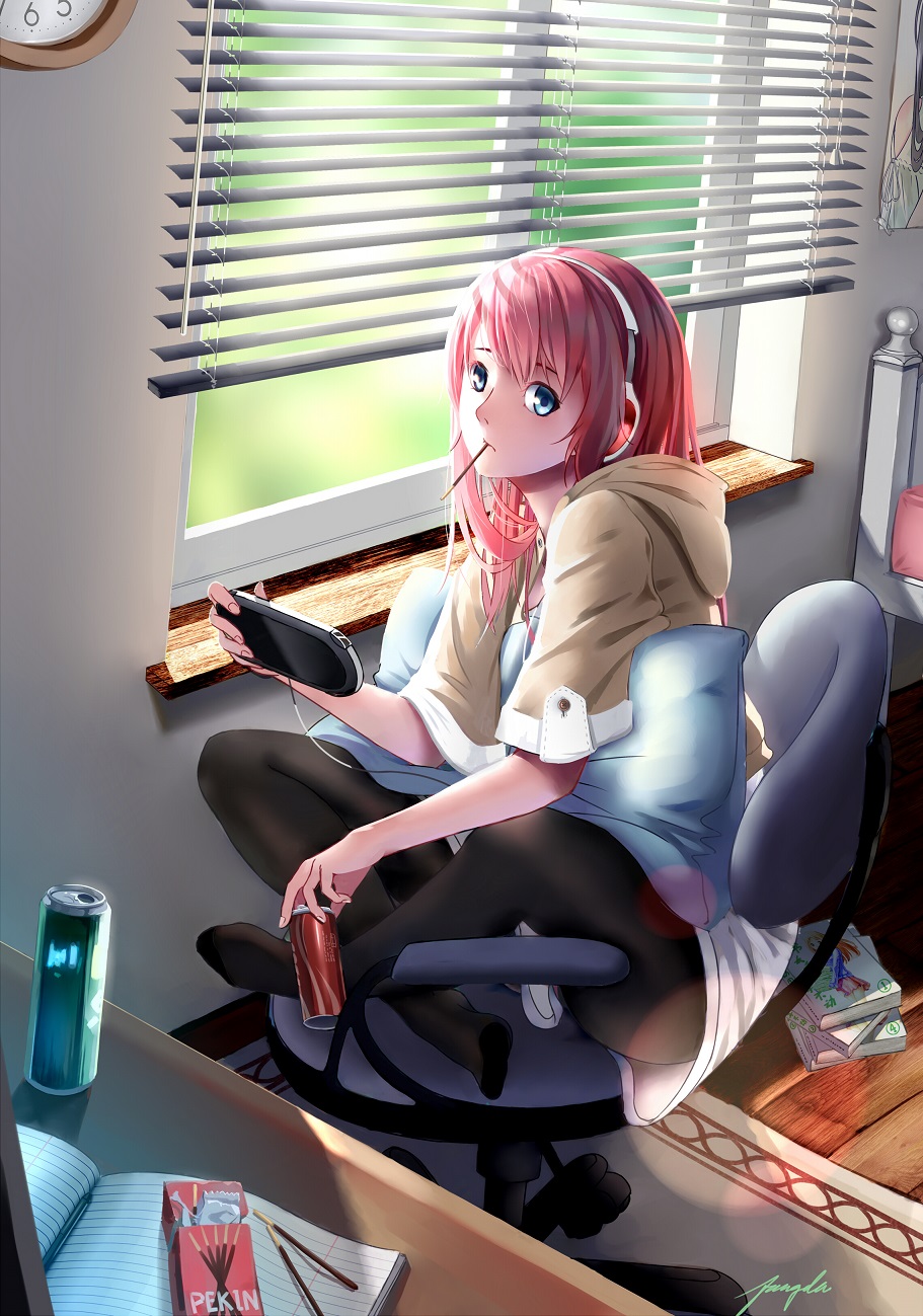 1girl, alternate_costume, analog_clock, bangs, bed, black_legwear, blue_eyes, blurry