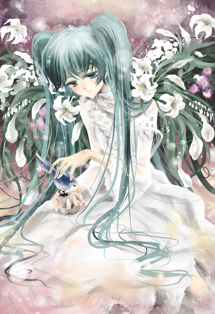 bird, dress, green_eyes, green_hair, hatsune_miku, lexi, long_hair, twintails