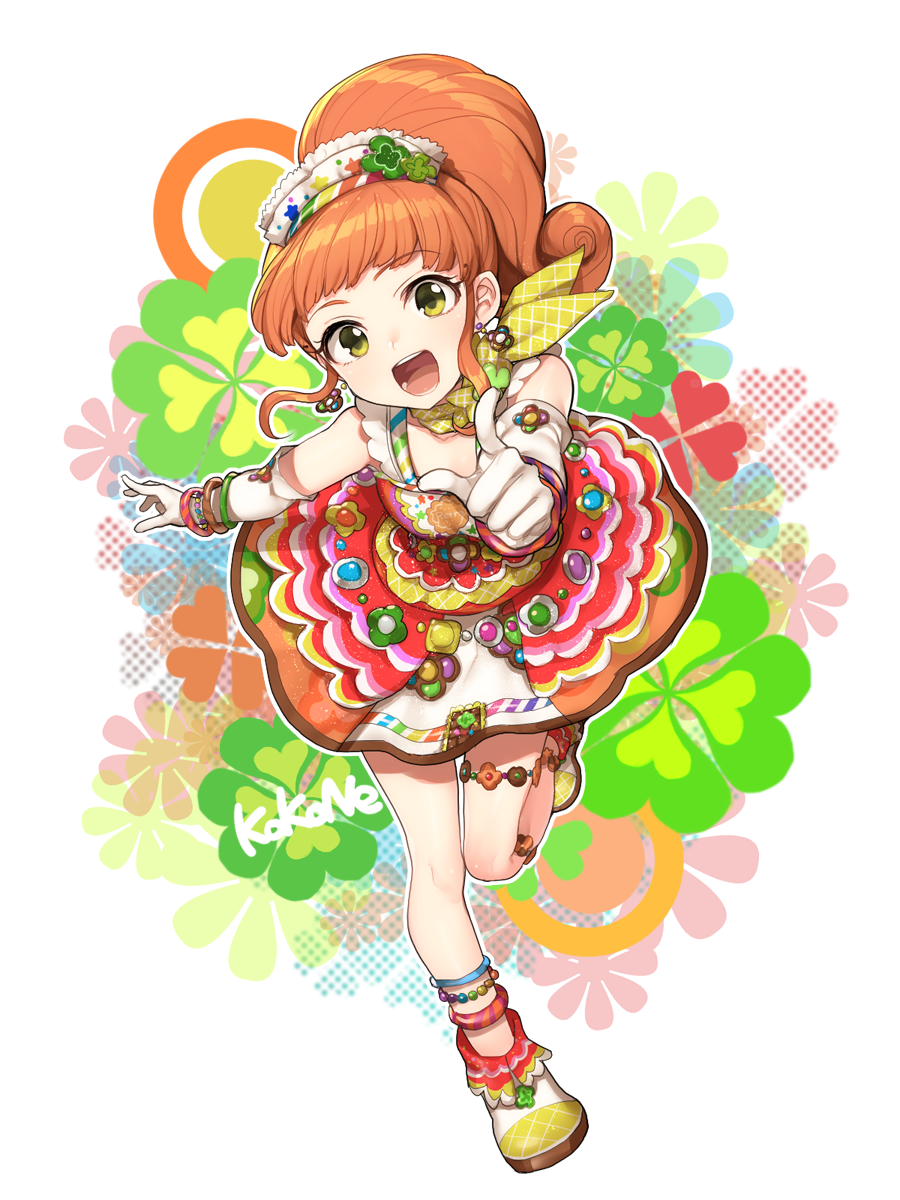 1girl, :d, aikatsu!, bracelet, brown_hair, clover, dress, earrings