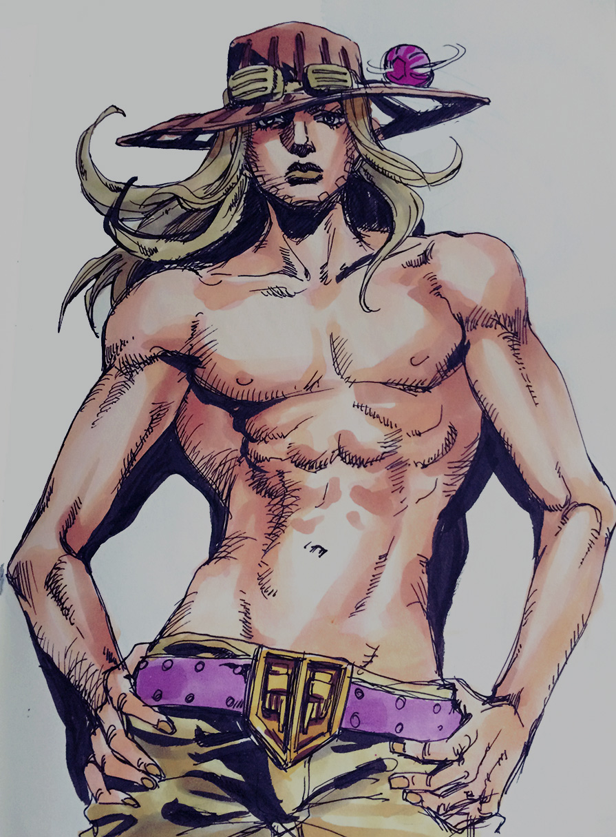 1boy, ball, brown_hair, cowboy_hat, facial_hair, goggles_on_hat, gyro_zeppeli, hands_on_hips