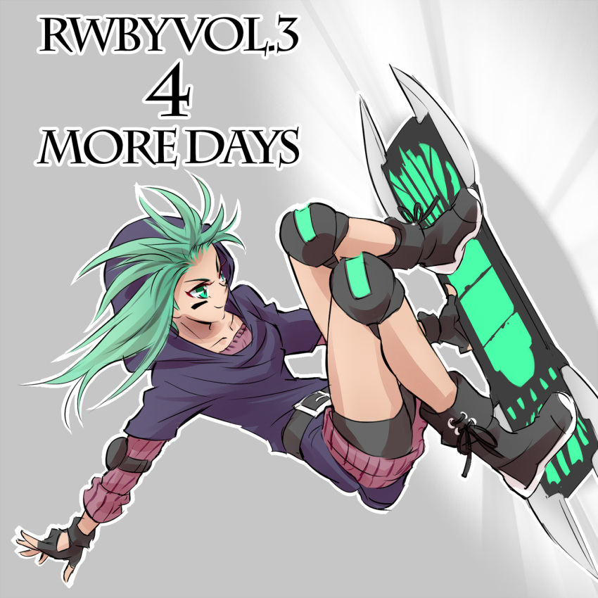 1girl, boots, elbow_pads, eye_black, fingerless_gloves, gloves, green_eyes, green_hair
