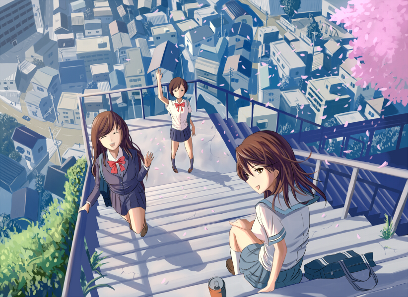 bag, bookbag, brown_hair, cherry_blossoms, city, happy, long_hair, multiple_girls