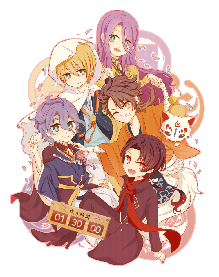 5boys, anzu_(1014105), blonde_hair, blue_eyes, brown_hair, fang, fox, green_eyes, grin, hachisuka_kotetsu, holding_hands, hood, japanese_clothes, kasen_kanesada, kashuu_kiyomitsu, konnosuke, male_focus, multiple_boys, mutsu-no-kami_yoshiyuki, one_eye_closed, open_mouth, petals, purple_hair, red_eyes, scarf, smile, touken_ranbu, yamanbagiri_kunihiro, yellow_eyes