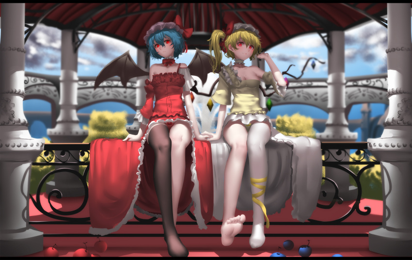 2girls, alternate_costume, apple, arm_at_side, arms_at_sides, asymmetrical_sleeves, bangs, bare_shoulders, barefoot, bat_wings, black_legwear, black_wings, blonde_hair, blue_apple, blurry, bow, bow_panties, breasts, bridge, bush, carpet, choker, cleavage, clouds, crystal, depth_of_field, detached_sleeves, flandre_scarlet, food, fountain, frills, fruit, gloves, glowing, glowing_eyes, hair_between_eyes, hat, hat_bow, highres, hk_(hk), holding_hands, letterboxed, long_hair, long_skirt, looking_at_viewer, mob_cap, multiple_girls, no_shoes, panties, pantyshot, pantyshot_(sitting), pillar, pink_lips, railing, red_bow, red_eyes, red_panties, red_skirt, remilia_scarlet, shadow, short_hair, siblings, side_ponytail, single_glove, single_thighhigh, sisters, sitting, skirt, skirt_set, sky, smile, thigh-highs, touhou, underwear, upskirt, vampire, white_gloves, white_legwear, white_skirt, wings, yellow_panties