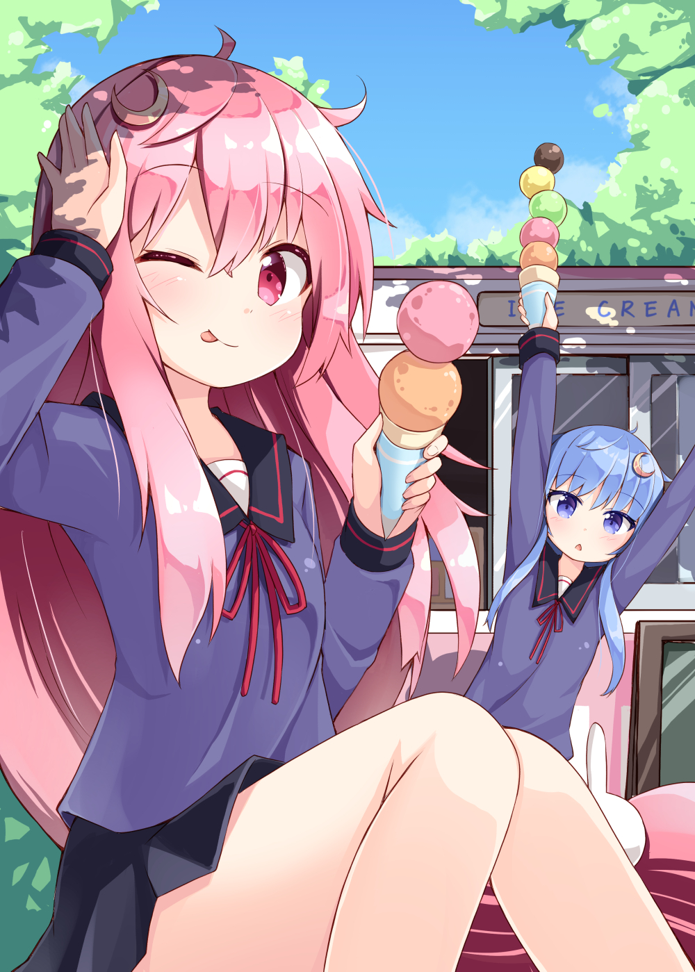 2girls, arms_up, blue_eyes, blue_hair, blue_sky, clouds, crescent_hair_ornament, hair_ornament, highres, ice_cream_cone, ice_cream_stand, kantai_collection, legs, long_hair, long_sleeves, multiple_girls, ominaeshi_(takenoko), one_eye_closed, pink_eyes, pink_hair, school_uniform, serafuku, shirt, sitting, skirt, sky, smile, tongue, tongue_out, uzuki_(kantai_collection), very_long_hair, yayoi_(kantai_collection)