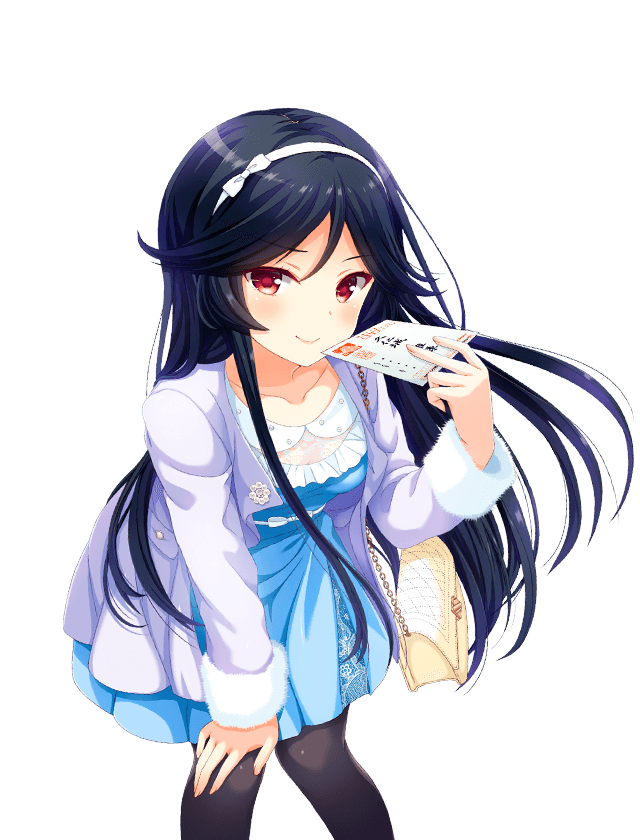 black_hair, girlfriend_(kari), headband, kunishiro_miyabi, long_hair, looking_at_viewer, pantyhose, red_eyes
