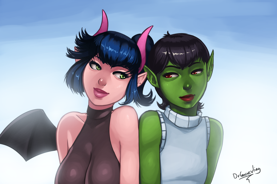 2girls, bare_shoulders, black_hair, borrowed_character, commentary, dr_graevling, green_eyes, green_skin