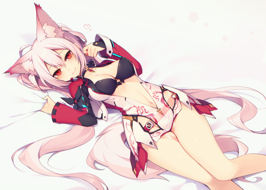 1girl, ahoge, animal_ears, bed_sheet, bikini_top, blush, breasts, choker