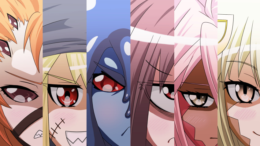 6+girls, ahoge, arachne, backbeard_(monster_musume), bandana, black_slime_(monster_musume), blonde_hair, blue_hair, blue_skin, brown_eyes, brown_hair, close-up, column_lineup, cyclops, dark_skin, dragon_girl, echidna_(monster_musume), extra_eyes, facial_scar, feisty_(drawfag), frown, goo_girl, grin, hair_ornament, hairclip, insect_girl, lamia, large_breed_(monster_musume), long_hair, mermaid, monster_girl, monster_musume_no_iru_nichijou, multiple_girls, one-eyed, orange_hair, parody, pink_hair, red_eyes, scales, scar, shark_race_(monster_musume), sharp_teeth, slit_pupils, smile, spider_girl, stitches, wyvern_(monster_musume), yellow_eyes
