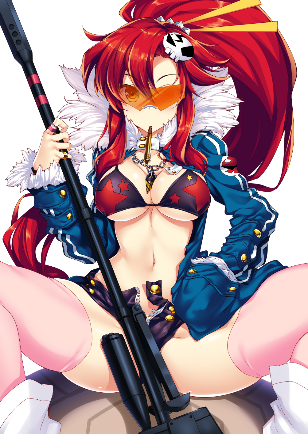 1girl, bikini_top, breasts, convenient_censoring, gun, hair_ornament, highres, jacket
