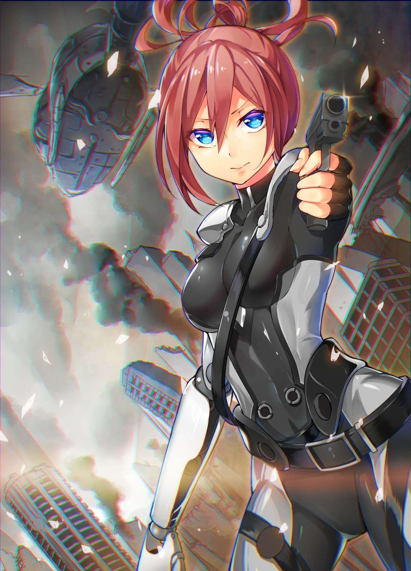 1girl, aiming_at_viewer, belt, blue_eyes, bodysuit, broken_ground, building, closed_mouth