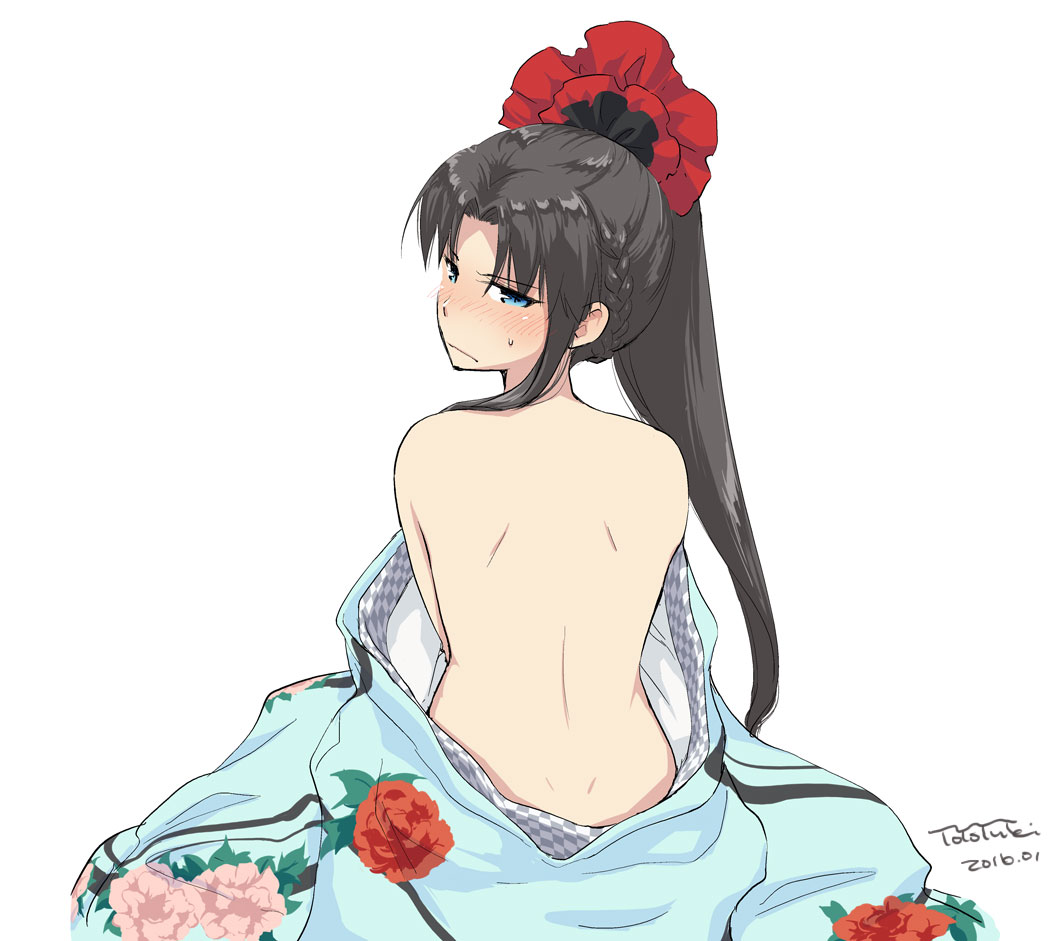 back, bare_back, bare_shoulders, black_hair, blue_eyes, blush, fate/stay_night, fate_(series)