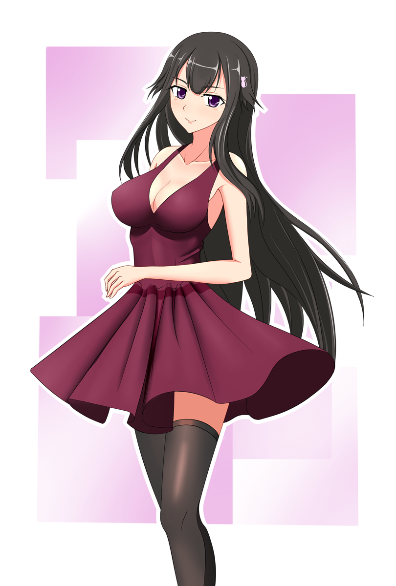 1girl, black_hair, black_legwear, breasts, buddy_complex, cat_hair_ornament, cleavage, hair_ornament