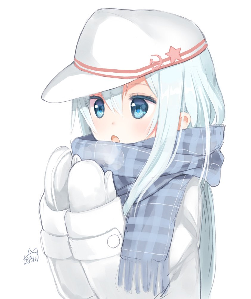 1girl, blowing_on_hands, blue_eyes, breath, cold, hammer_and_sickle, hat, hibanar