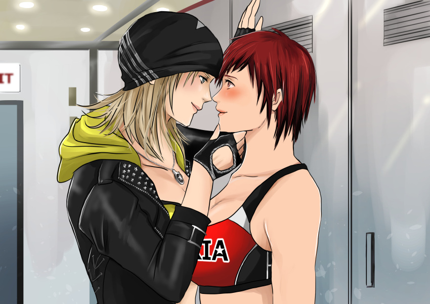 2girls, absurdres, against_wall, alternate_costume, beanie, blonde_hair, blue_eyes, blush