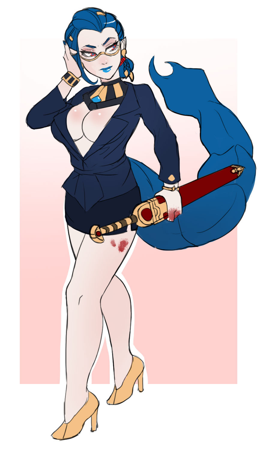 1girl, alternate_hair_length, alternate_hairstyle, bare_legs, bespectacled, blood, blood_stain, blue_hair