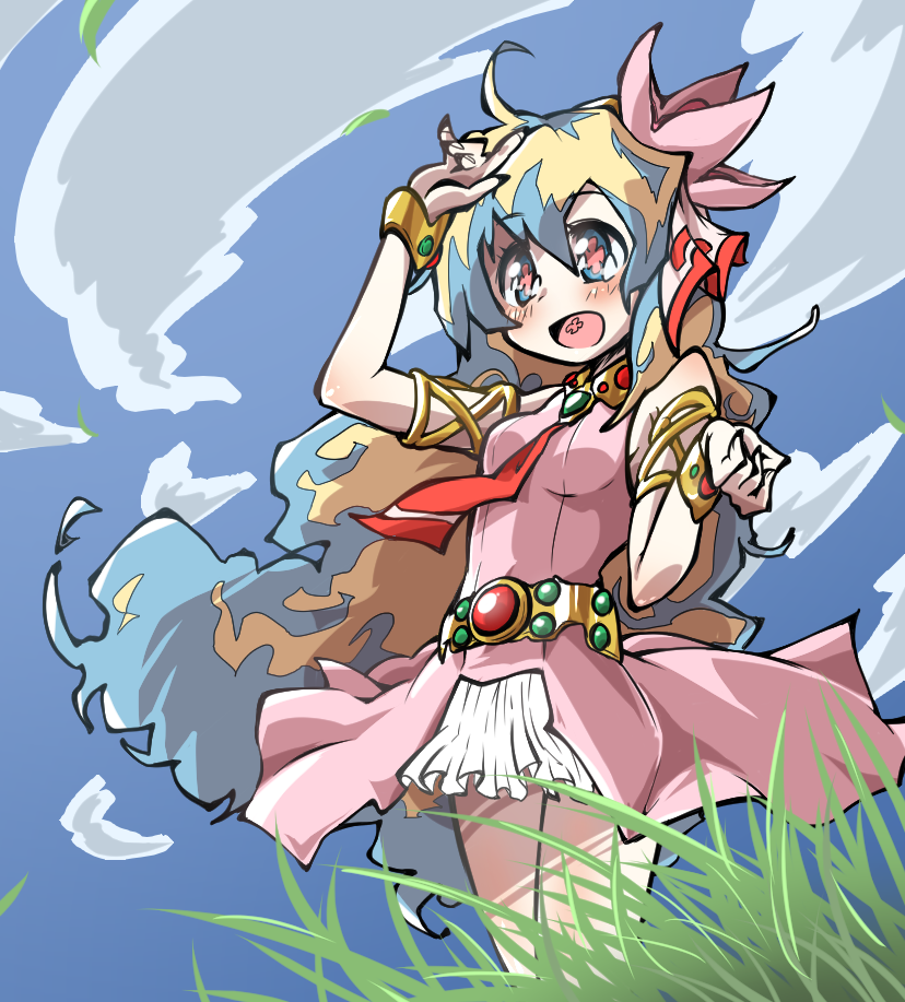 +_+, 1girl, armlet, baachamu, bracelet, jewelry, long_hair, multicolored_hair, nia_teppelin, open_mouth, smile, solo, tengen_toppa_gurren_lagann, two-tone_hair