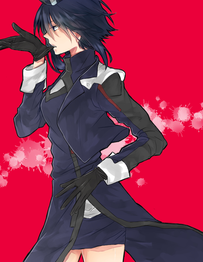 1girl, artist_request, biting, blue_hair, glove_biting, gloves, hat, log_horizon