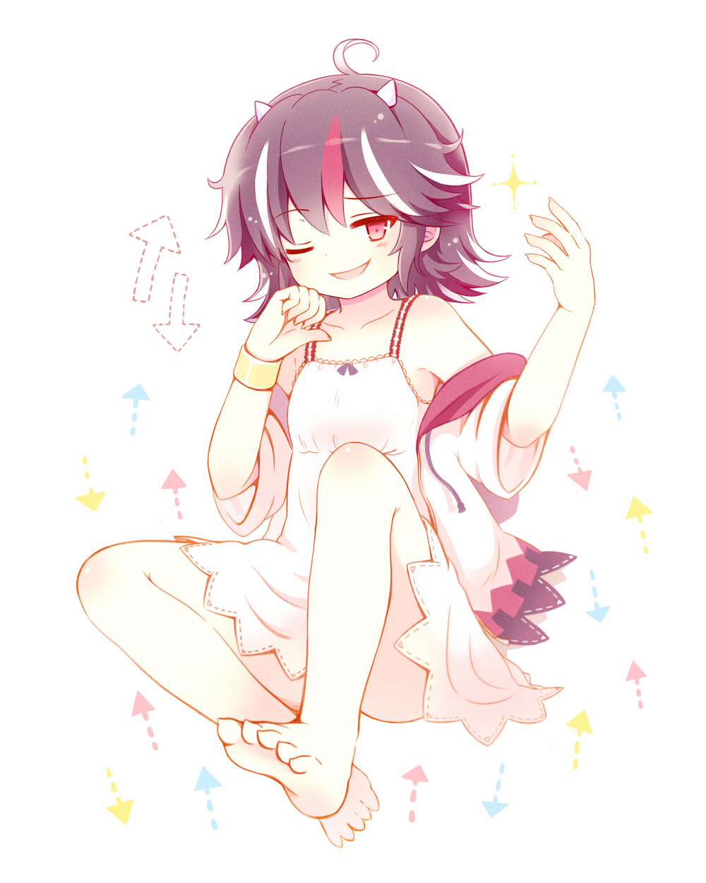 1girl, 23_(candy_chapus), ahoge, bare_shoulders, barefoot, black_hair, bracelet, collarbone