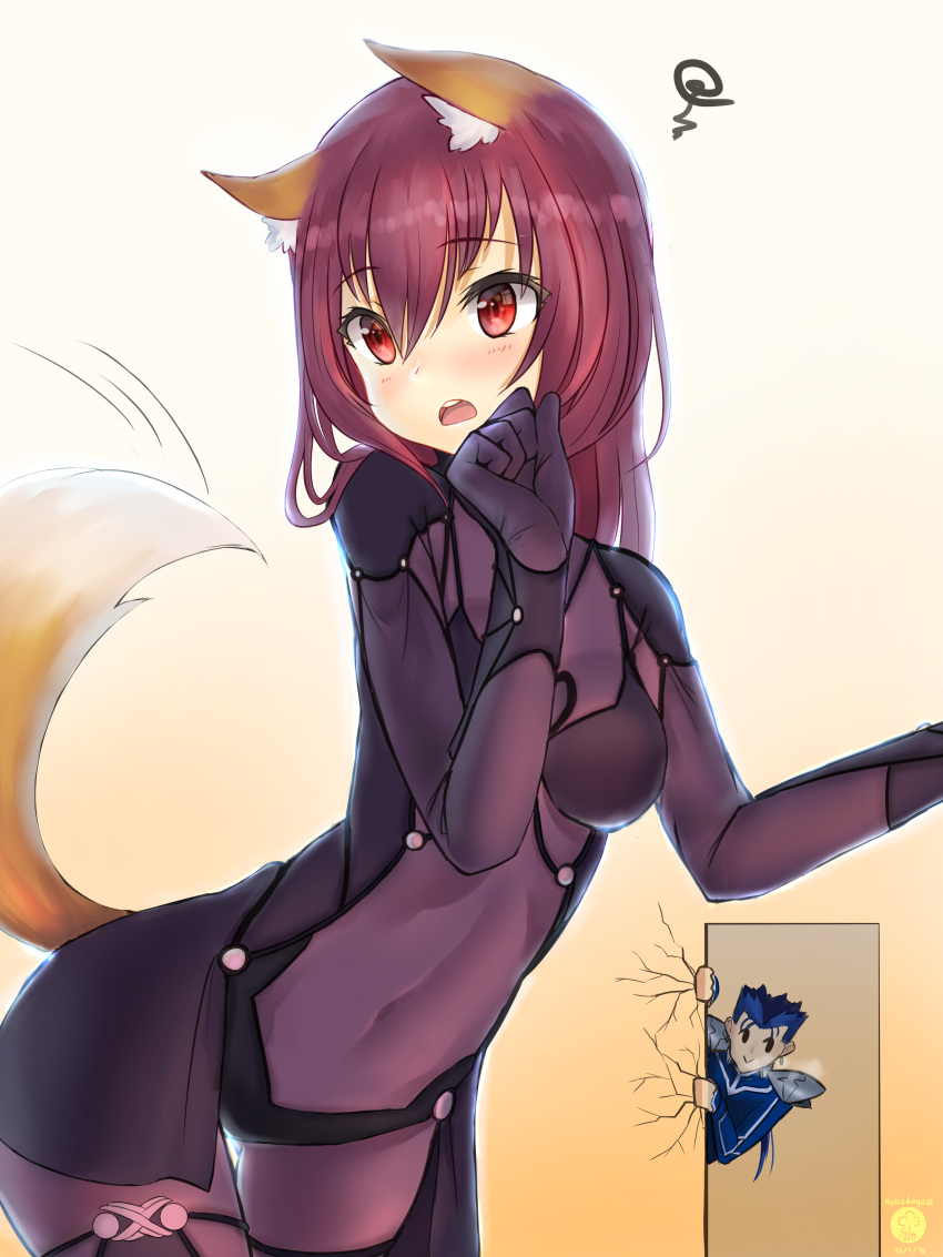 1boy, 1girl, absurdres, animal_ears, blue_hair, bodysuit, covered_navel, crack