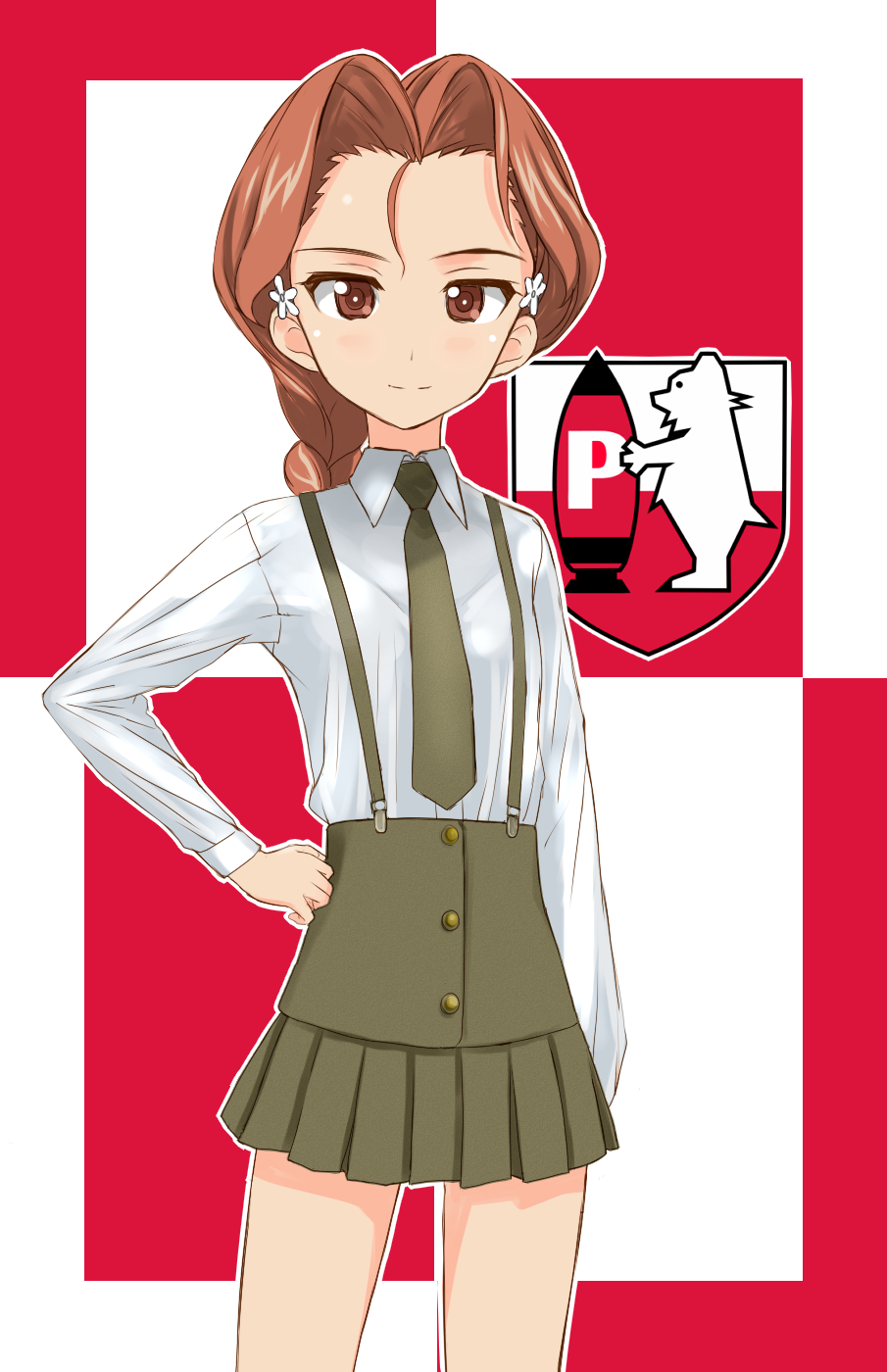 1girl, bear, braid, brown_eyes, brown_hair, coat_of_arms, flower, girls_und_panzer