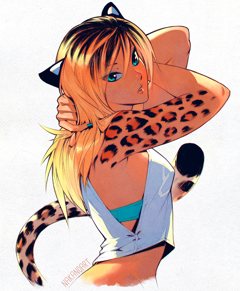 1girl, aqua_eyes, cat_girl, leopard_ears, leopard_print, multicolored_hair, nakanoart, tagme