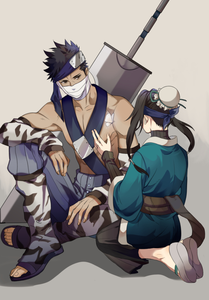 2boys, black_hair, butterfly, forehead_protector, hair_bun, haku_(naruto), headband, huge_weapon