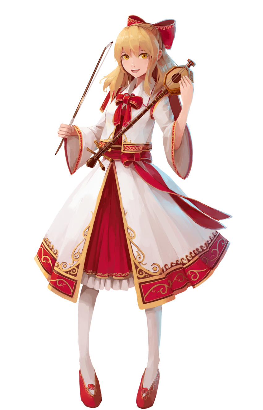 1girl, blonde_hair, bow_(instrument), erhu, full_body, hair_ribbon, half_updo, highres