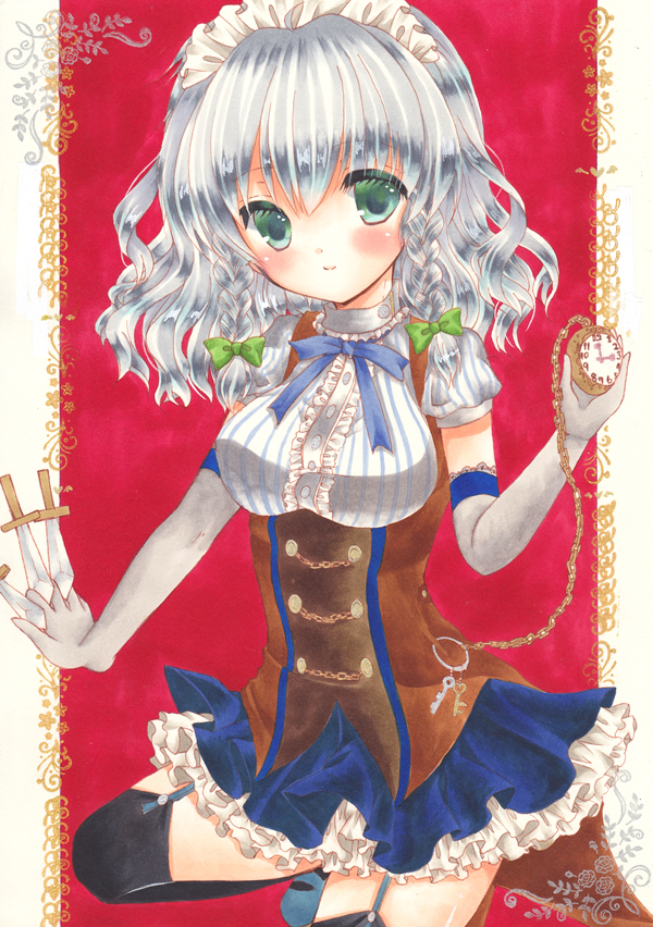 1girl, aqua_eyes, asa1014, black_legwear, braid, clock, corset, elbow_gloves