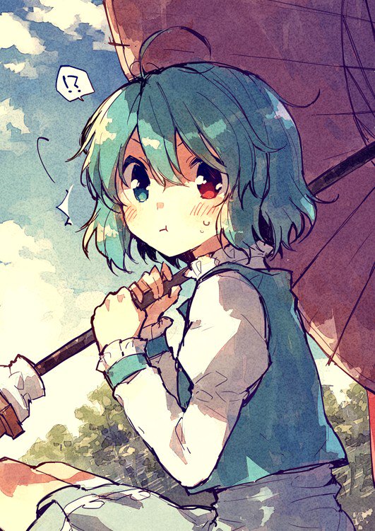 !?, 1girl, blue_eyes, blue_hair, blush, hanesaki_nekome, heterochromia, karakasa_obake, long_sleeves, looking_at_viewer, pout, puffy_sleeves, red_eyes, shirt, short_hair, sitting, skirt, solo, sweat, tatara_kogasa, touhou, umbrella, vest