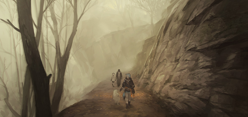 1girl, 2boys, dark_skin, dog, fog, gloves, long_hair, multiple_boys