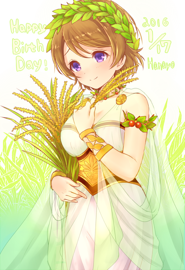 1girl, bare_shoulders, brown_hair, koizumi_hanayo, love_live!_school_idol_project, olive_wreath, rice, ririnya00
