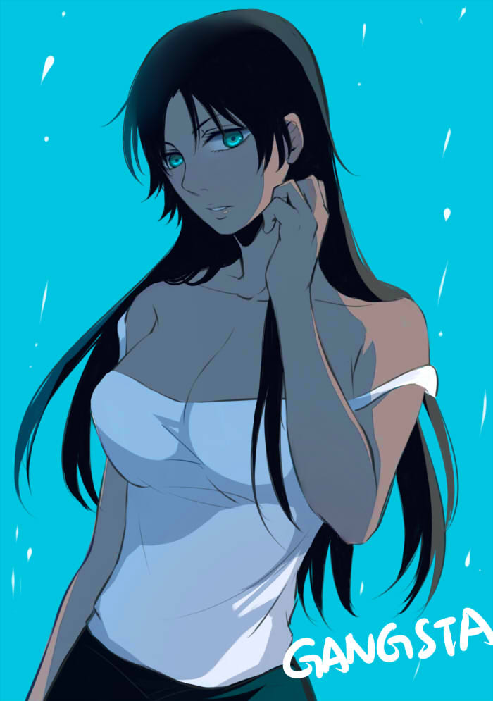1girl, alex_benedetto, black_hair, blue_eyes, breasts, camisole, cleavage, copyright_name