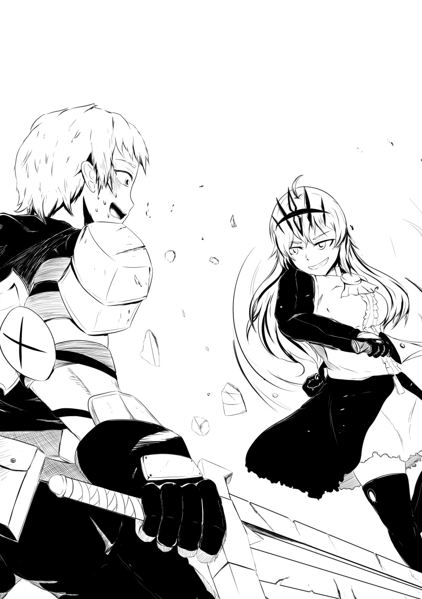 1boy, 1girl, absurdres, ahoge, aikiyun, armor, chariot_(black_rock_shooter), gloves