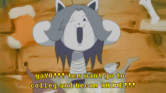 1girl, animal_ears, animated, animated_gif, black_hair, bone, bossmonsterbani, box, cat_ears, cup, fake_screenshot, fourth_wall, monster_girl, shelf, shirt, shop, shopkeeper, smile, stocking_stuffer, striped, striped_shirt, subtitled, temmie, undertale