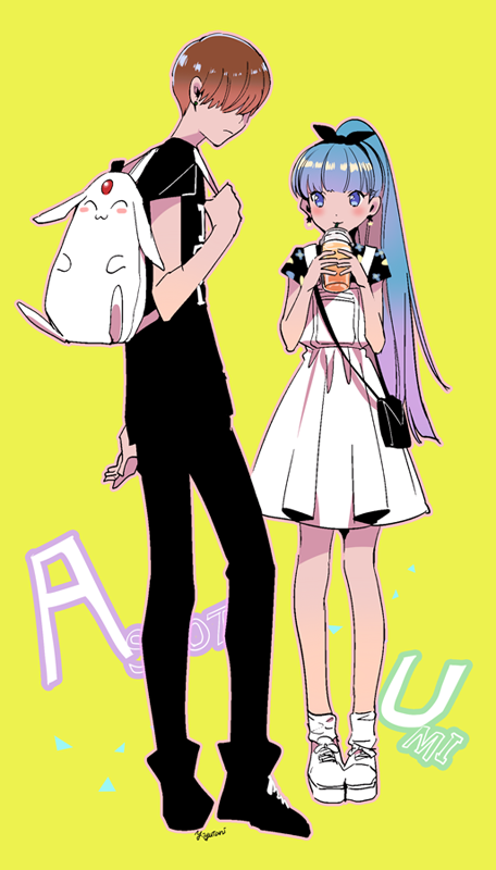 1boy, 1girl, :3, ^_^, alternate_costume, alternate_hairstyle, arm_at_side, ascot_(rayearth)