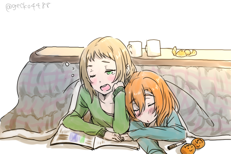 2girls, bangs, closed_eyes, couple, cup, food, fruit, gecko4488