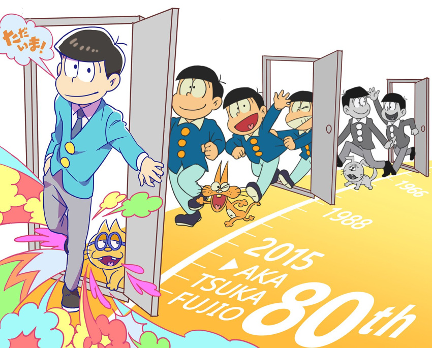 6+boys, age_progression, anniversary, black_hair, bowl_cut, brothers, child, door, esper_nyanko, formal, glasses, heart, heart_in_mouth, highres, izumi_(milkywhite2), looking_at_viewer, male_focus, matching_outfit, matsuno_choromatsu, matsuno_ichimatsu, matsuno_juushimatsu, matsuno_karamatsu, matsuno_osomatsu, matsuno_todomatsu, mouretsu_atarou, multiple_boys, nyarome, opening_door, osomatsu-kun, osomatsu-san, sextuplets, siblings, simple_background, standing_on_one_leg, suit, waving, white_background