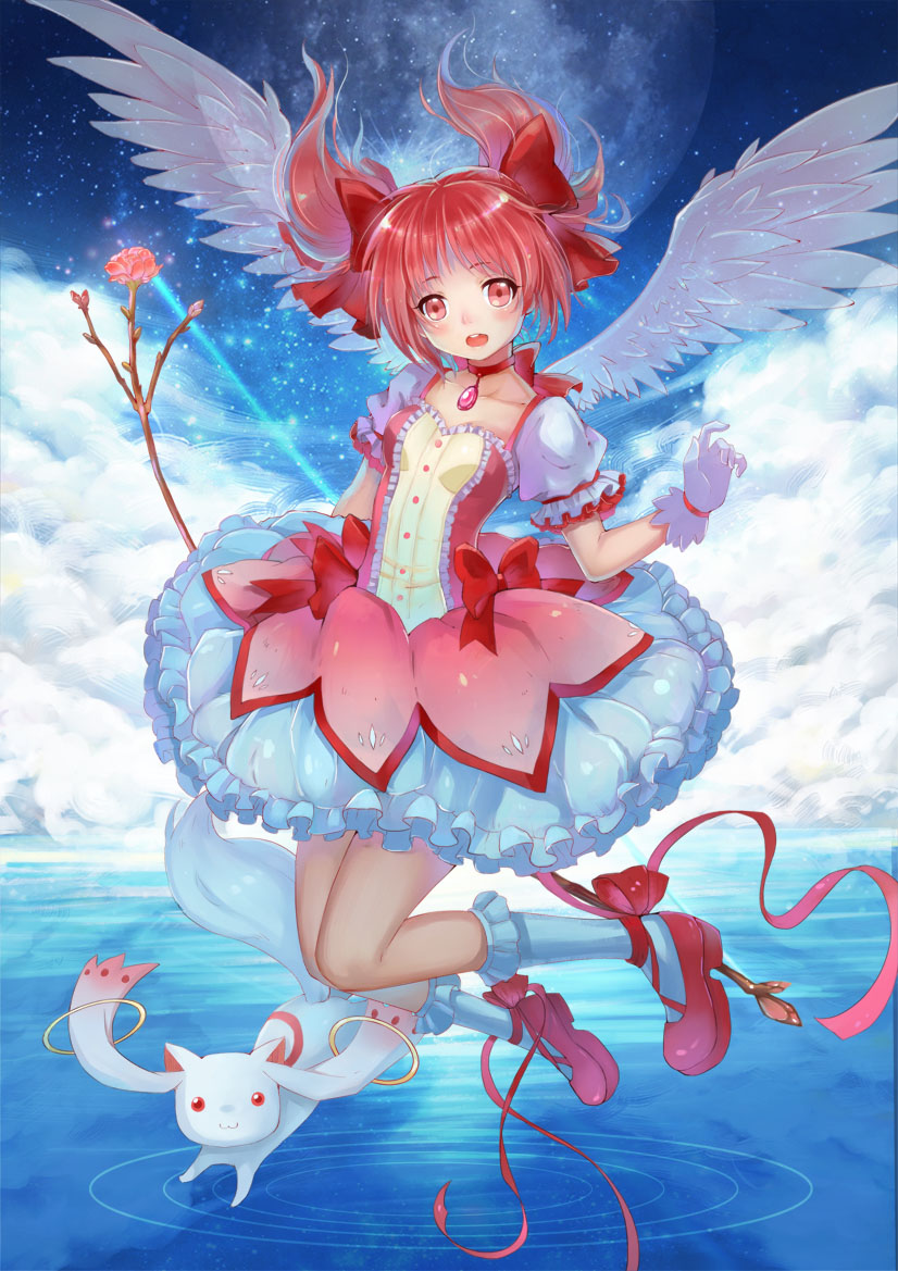 1girl, bow_(weapon), bubble_skirt, choker, dress, gloves, hair_ribbon, kaname_madoka