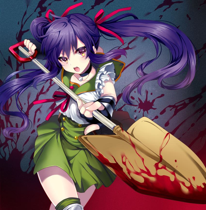 blood, blood_splatter, choker, ebisuzawa_kurumi, fingerless_gloves, gakkou_gurashi!, gloves, highres, purple_hair, school_uniform, serafuku, shovel, twintails, uzura_moimoi, weapon, worktool