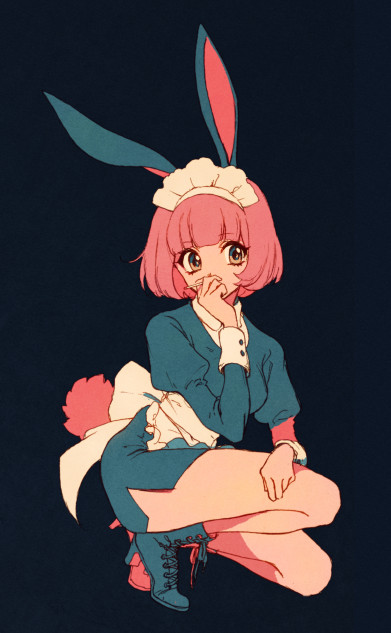 1girl, akiyamabc, animal_ears, apron, bare_legs, boots, brown_eyes, bunny_tail, cigarette, dark_background, dress, frilled_apron, frills, high_heel_boots, high_heels, juliet_sleeves, long_sleeves, maid_headdress, original, pink_hair, puffy_sleeves, rabbit_ears, short_hair, side_slit, simple_background, solo, squatting, tail