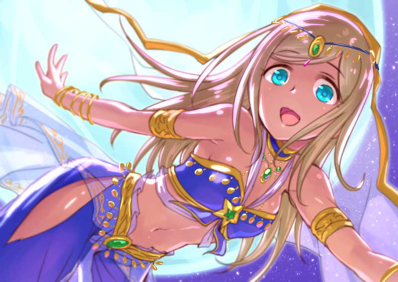 1girl, aqua_eyes, arabian_clothes, baggy_pants, bare_shoulders, blonde_hair, bracelet, dark_skin