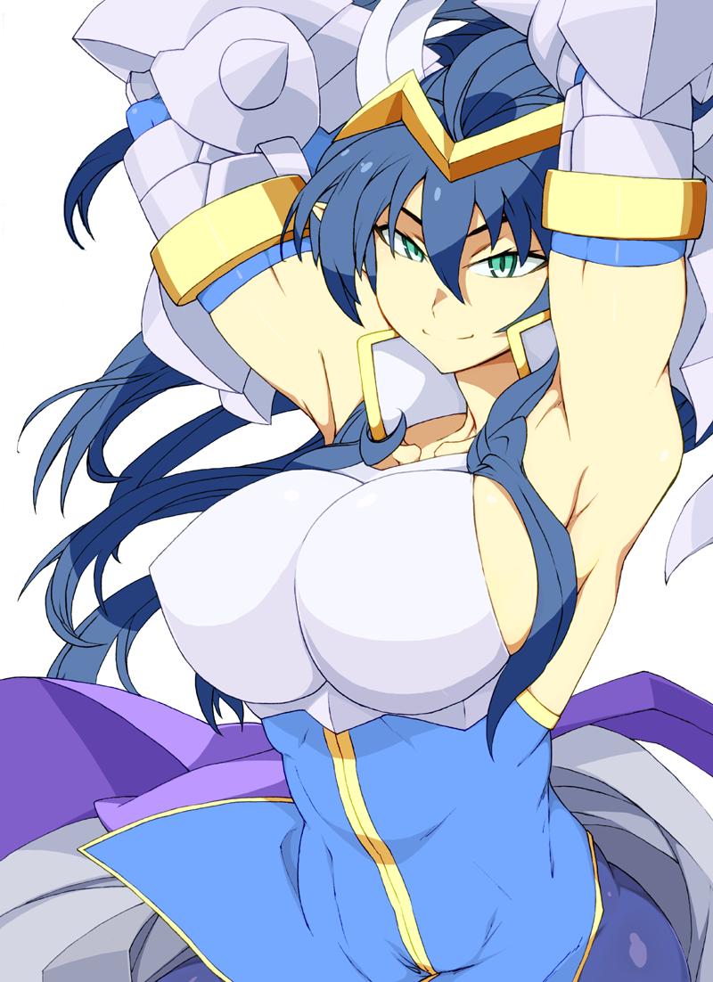 1girl, ahoge, alternate_breast_size, armor, armored_dress, armpits, arms_behind_head, breasts