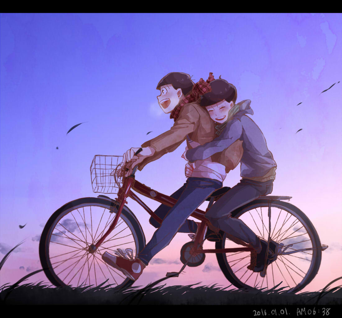 2016, 2boys, ^_^, ahoge, alternate_costume, bicycle, blush, breath, brothers, brown_hair, casual, cheeeeezi, closed_eyes, clouds, dated, from_side, gradient, grass, green_scarf, hug, hug_from_behind, jacket, laughing, letterboxed, long_sleeves, male_focus, matsuno_choromatsu, matsuno_osomatsu, multiple_boys, new_year, osomatsu-kun, osomatsu-san, outdoors, pants, plaid, plaid_scarf, profile, red_scarf, red_shoes, riding, scarf, shoes, siblings, sky, sneakers, striped, striped_scarf, sweater, time, wind, winter_clothes