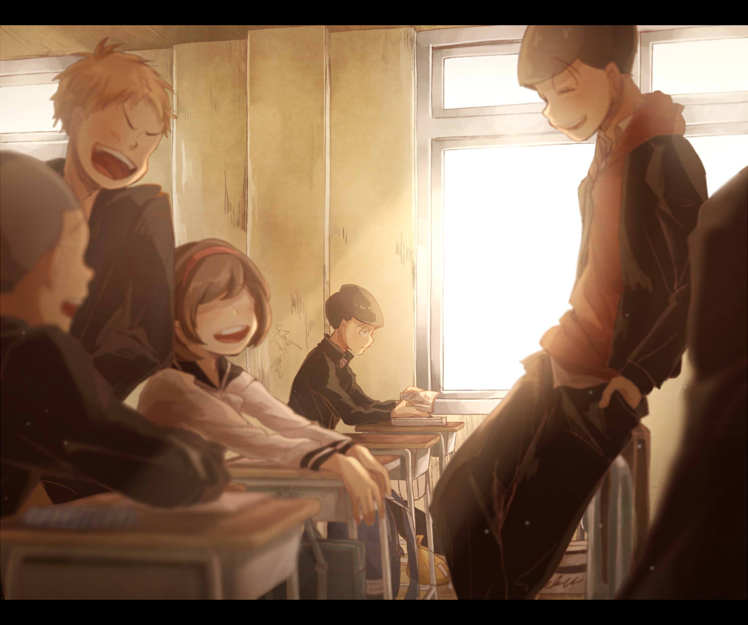 1girl, 4boys, :d, ^_^, ai_ai_gasa, bag, bangs, black_hair