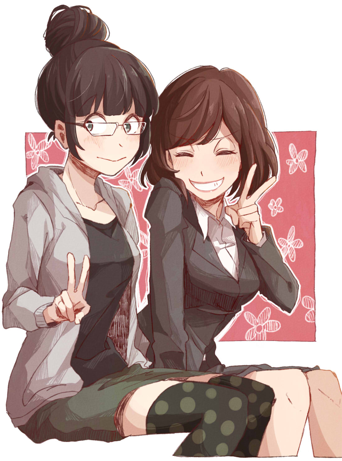 2girls, :>, arm_support, bangs, black_hair, blush, brown_hair, cheeeeezi