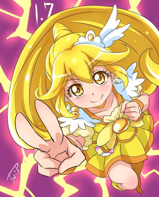 blonde_hair, blush, cure_peace, dress, kise_yayoi, long_hair, magical_girl, ponyail, precure, ribbon, smile, smile_precure!, yellow_eyes