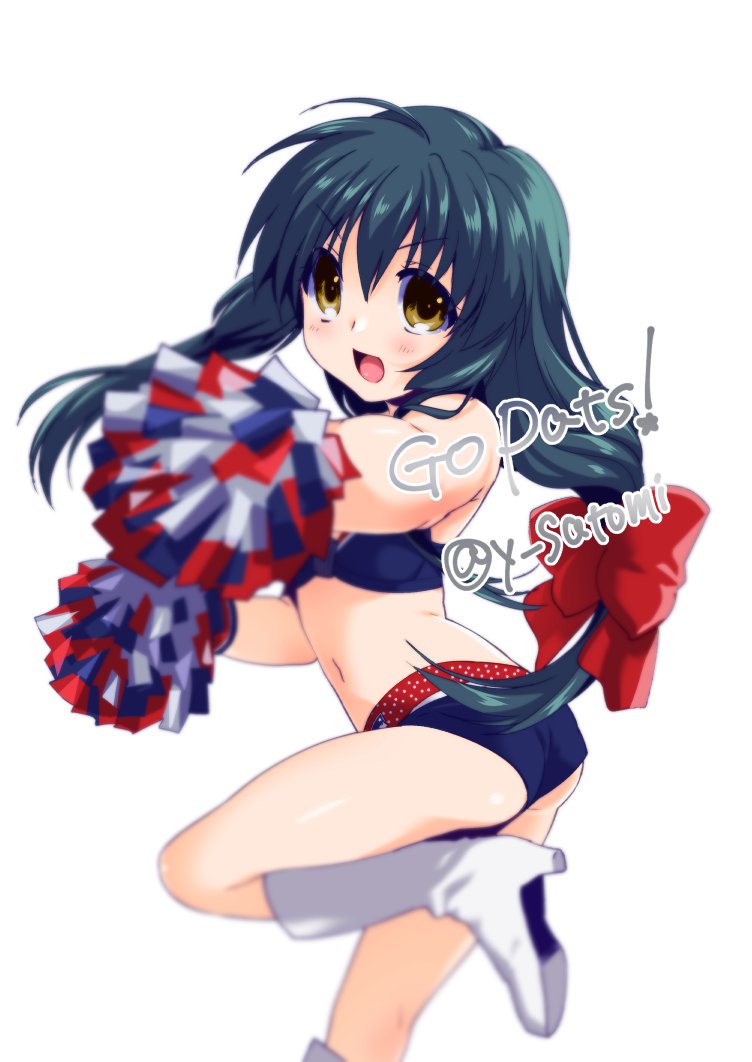 1girl, ass, black_hair, blurry, cheerleader, clannad, depth_of_field, ibuki_fuuko, long_hair, midriff, national_football_league, new_england_patriots, pom_poms, satomi_yoshitaka, short_shorts, shorts, yellow_eyes